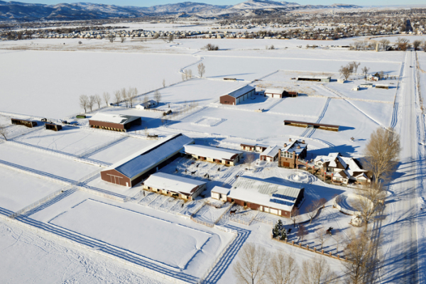 Aerial photo of Lucky Three Ranch in the snow